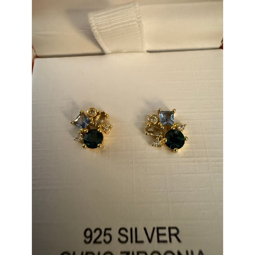 Rachel Zoe 925 Silver Blue Clear CZ Cluster Stud Earrings Gold Tone NIB - Picture 3 of 5